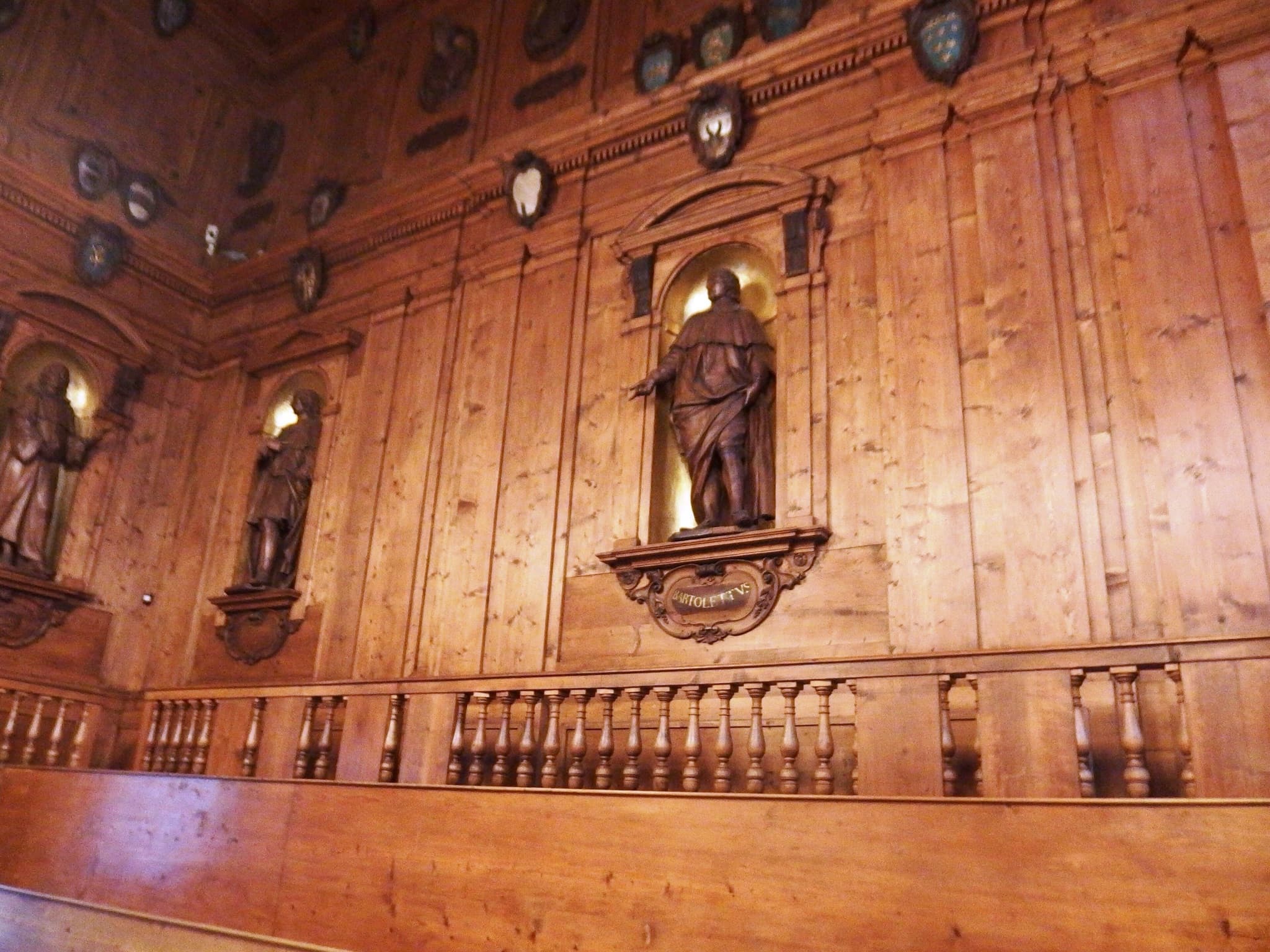 The carved wooden anatomical theatre of the Archiginnasio in Bologna