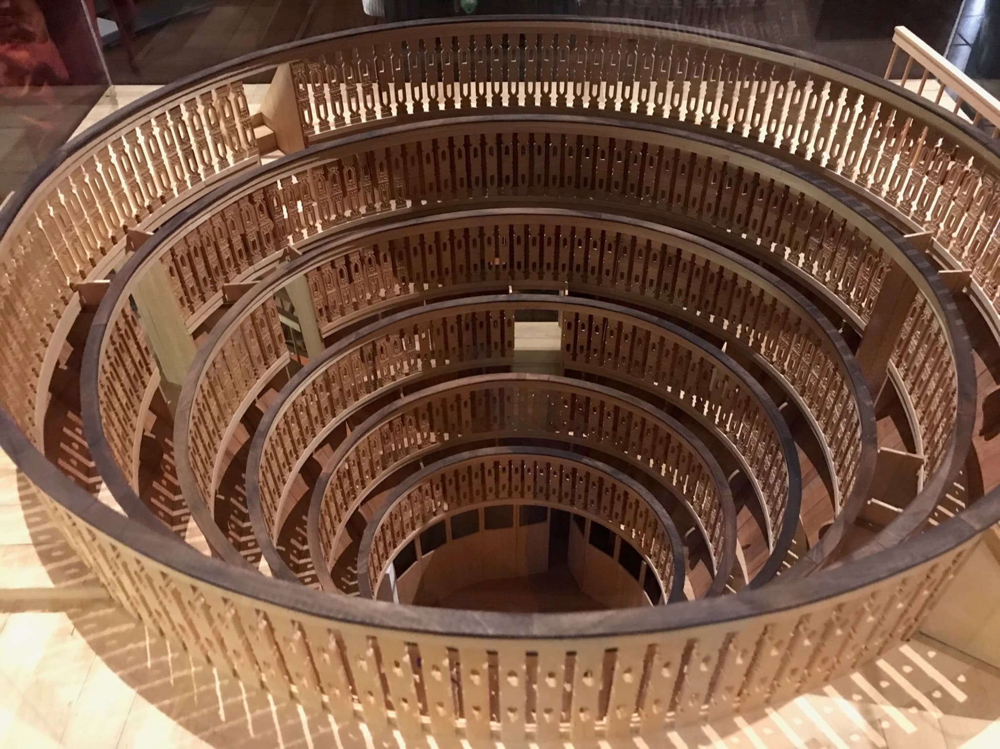 A model of Padua's oval anatomical theatre, its tiers of wooden balustrades seen from above